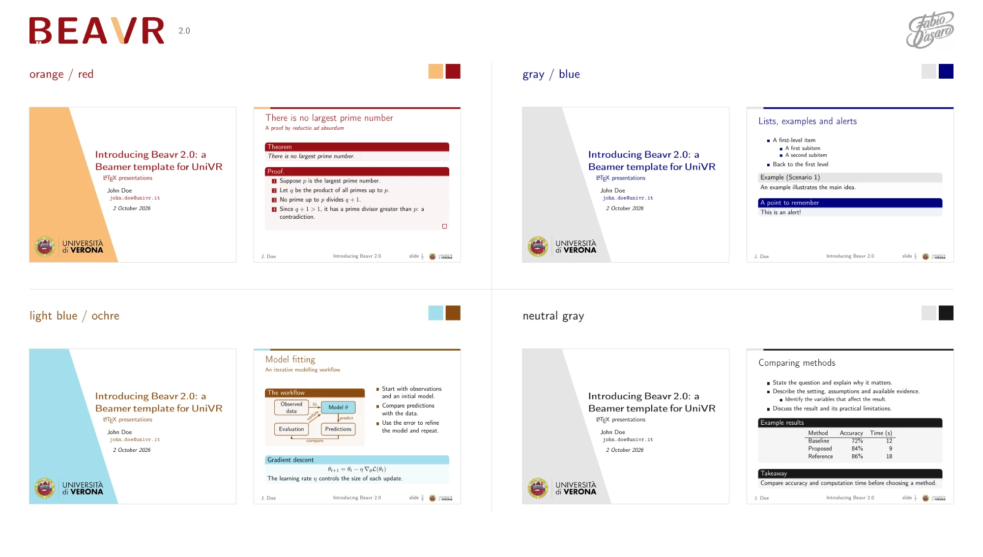 Beavr 2.0: cover and content slides in the four palettes (orange and red, gray and blue, light blue and ochre, neutral gray)